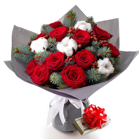 Buquê de rosas elegantes e dinheiro