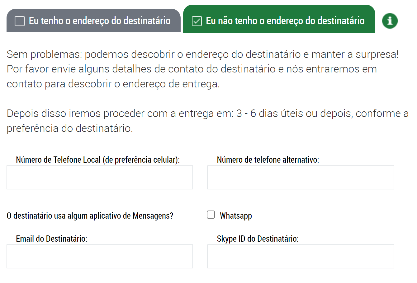 Captura de Tela do processo de enviar um presente sem o endereço